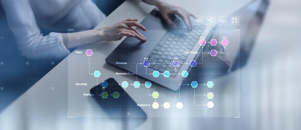 Software Development Workflow and Version Control Branching Strategy Visualiz 스톡 사진