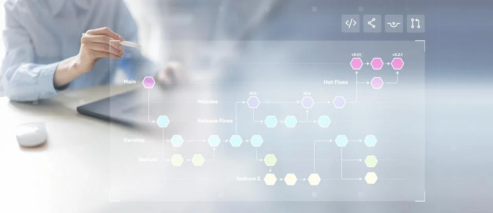 Software Development Workflow and Version Control Branching Strategy Visualiz Stock-Fotos