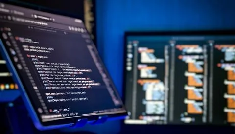 Software Development Workspace with Programming Code on Digital Screens and M Фото