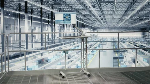 Software on display in empty microchips plant monitoring fabrication data Stock Footage 333379002