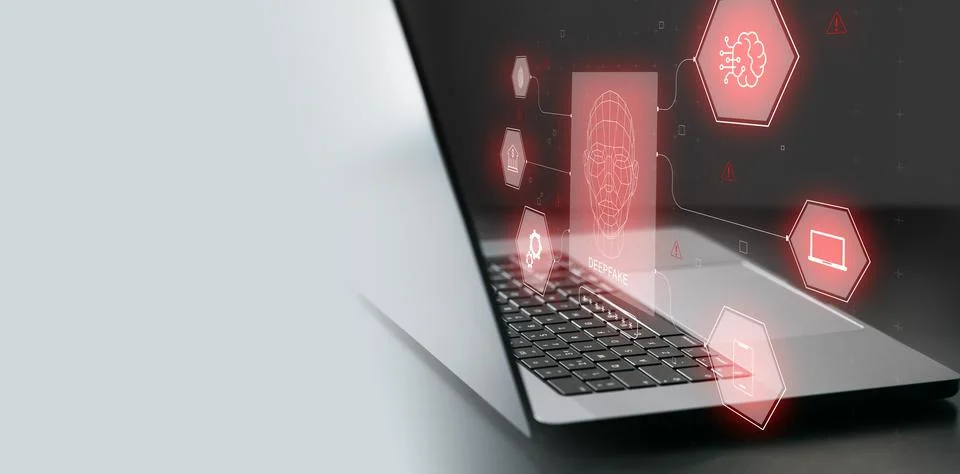 Software displays deep fake technology on a laptop screen with various alerts Stock Photos