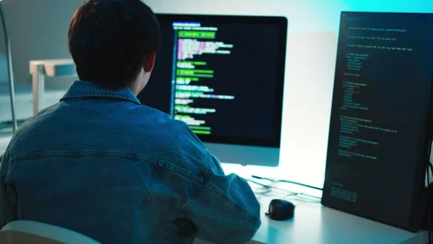 Software engineer analyzing programming code focus debugging development task Stock Footage 313820938