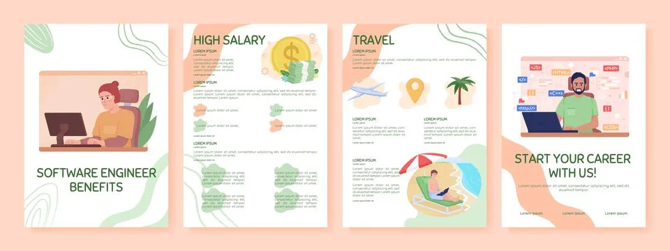 Software engineer benefits flat vector brochure template Stock Illustration