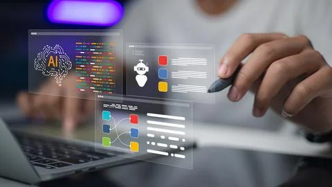 Software engineer coding and developing artificial intelligence with virtua.. Stock-Fotos