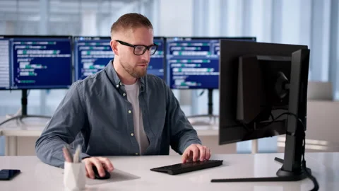 Software Engineer Coding On Computer, Focused Man Working Stock Footage 332494935