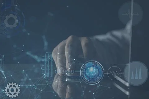 Software engineer coding on laptop computer with innovation technology interf Stock Photos