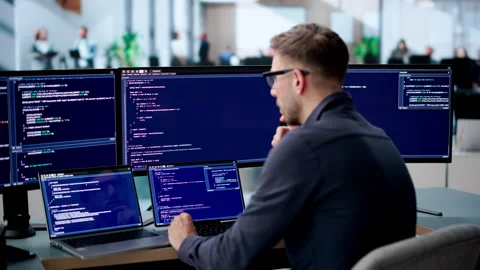 Software Engineer Coding Secure Algorithms On Laptop Stock Footage 339887067