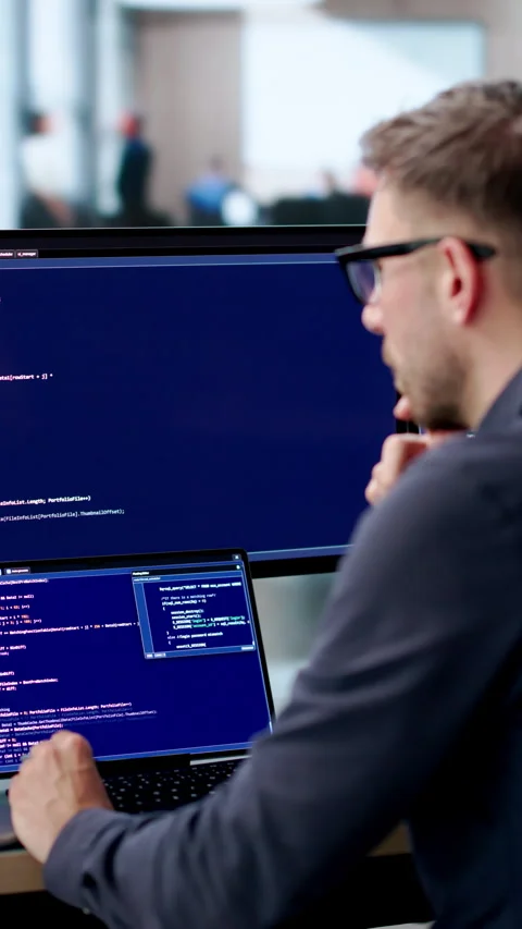 Software Engineer Coding Secure Algorithms On Laptop Vídeo Stock 342989528