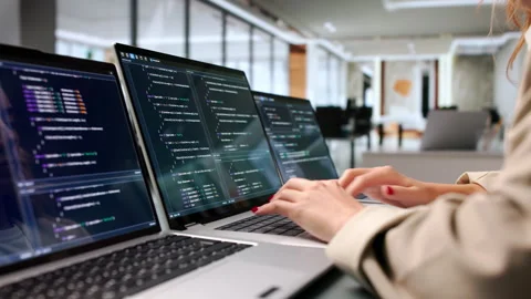 Software Engineer Coding Secure Algorithms On Laptop Stock-Footage 347900745