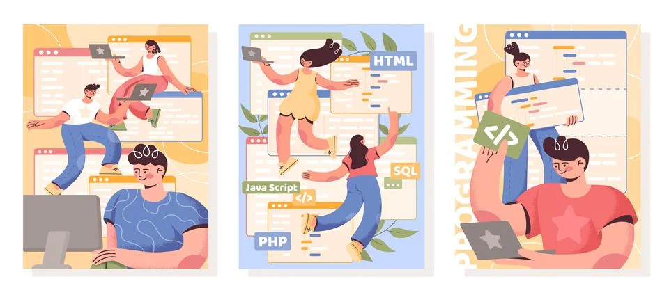 Software engineer. Computer programming. Business technology application. Coders Stock Illustration