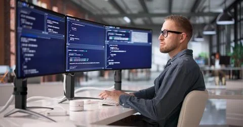 Software Engineer Concentrating On Programming And Debugging At Workstation Stock Photos