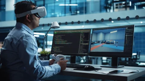 Software Engineer Developing Virtual Reality on Computer Video stock 169253827
