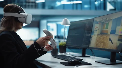 Software Engineer Developing Virtual Reality on Computer Video stock 169254428