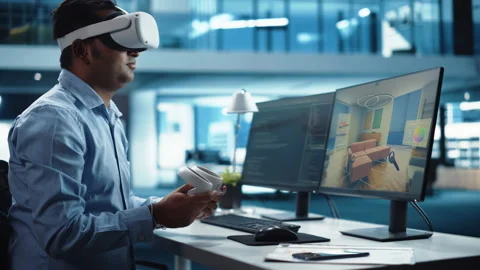 Software Engineer Developing Virtual Reality on Computer Video stock 169254570