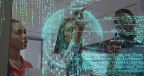 Software engineer drawing diagram on glass board with code streams while team Stock Footage 310825748