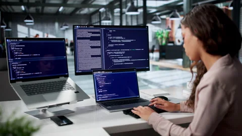 Software Engineer Focused On Coding Secure Web Applications Stock Footage 335882061
