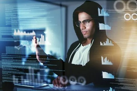 Software engineer, hacker and computer code at night for firewall, breach or Stock-Fotos