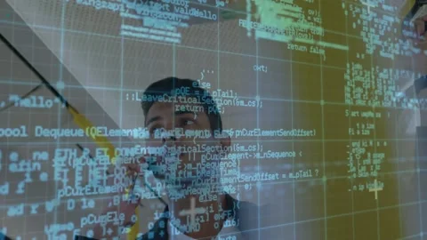 Software engineer holding smartphone with code stream and gripping beam while Stock Footage 317739833
