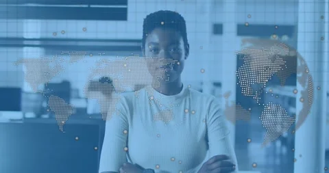 Software engineer initiating holographic map animating data points and text Stock Footage 318063219
