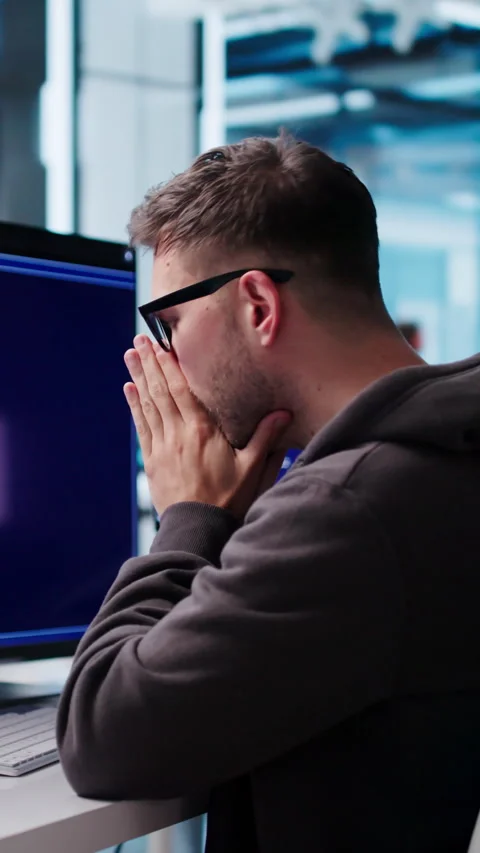 Software Engineer Looks Tired And Stressed While Coding Stock Footage 339891063