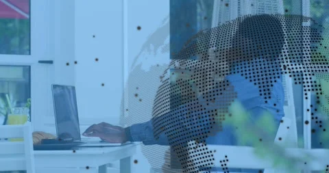 Software engineer placing hands on laptop for coding by glass doors with digital Stock Footage 318063391