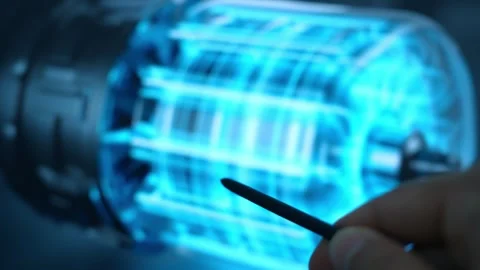 Software engineer pointing at a glowing circuit board. Stock Footage 338054342