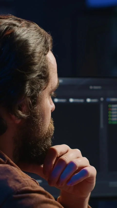 Software engineer puzzled in front of computer screen while writing complex code Stock Footage 264510559