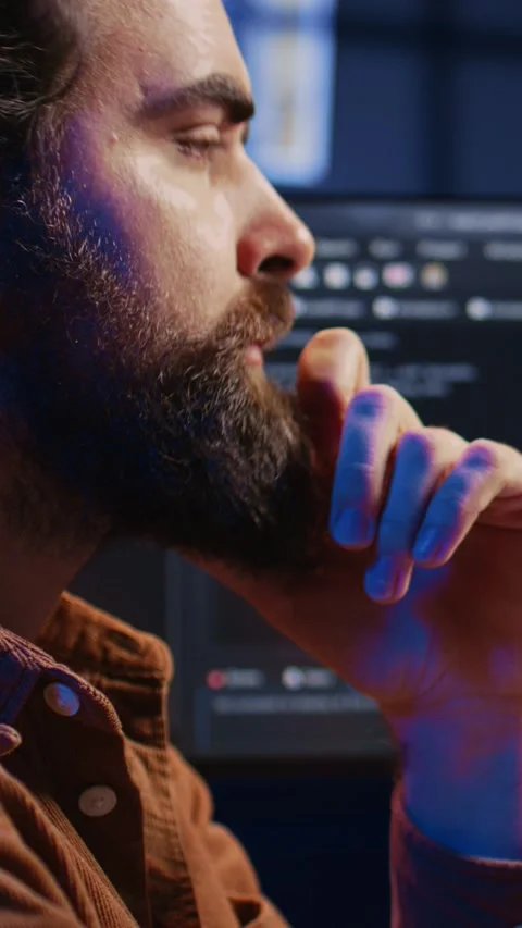 Software engineer puzzled in front of computer screen while writing complex code Stock Footage 264511480