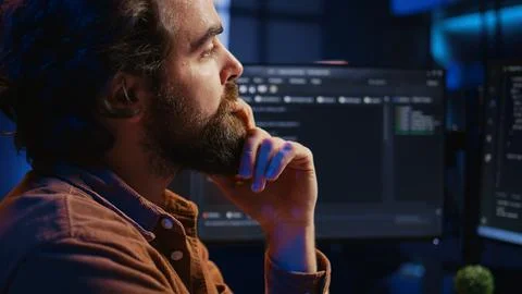 Software engineer puzzled in front of computer screen while writing complex code 库存照片