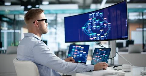 Software Engineer Rapidly Develops New App Using Laptop And Coding Tools. Stock Photos