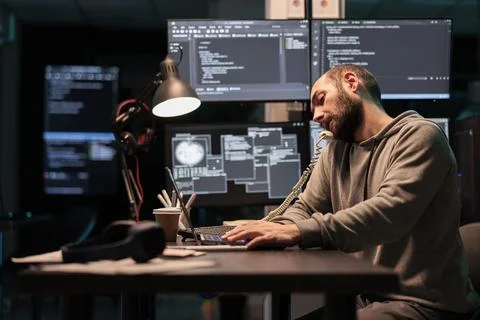 Software engineer talking on landline phone call Foto stock