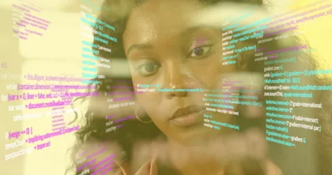 Software engineer tilting head scanning transparent code overlay after lines Stock Footage 315504865