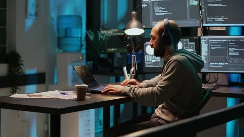 Software engineer typing programming code on laptop with multiple monitors Stock Footage 229332415