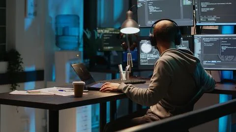 Software engineer typing programming code on laptop with multiple monitors Stock Photos