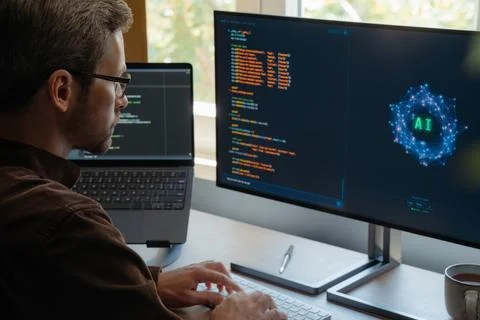Software engineer using AI assistant for coding. Stock Photos