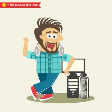 Software engineer wearing headphones and his computer Stock Illustration