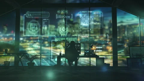 Software engineer working with digital interface in modern office at night Stock Footage 311968090