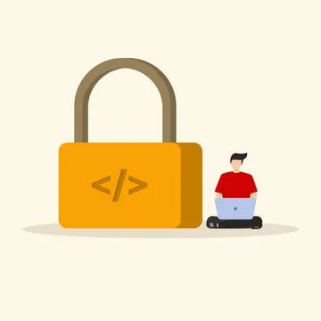Software engineer working on unlock lock with coding symbol Stock Illustration