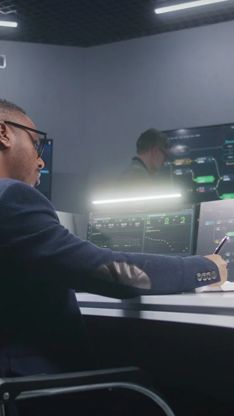 Software engineer works with blockchain network on big digital screens Video stock 276089873