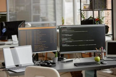 Software Engineer Workspace with Computer Script on Monitor Stock Photos