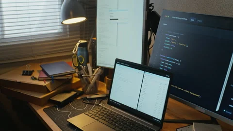 Software Engineer Workspace with Screens Displaying Code Stock Footage 338421744