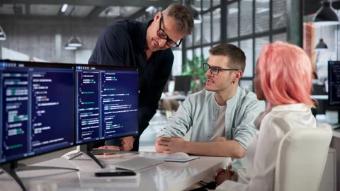 Software Engineer Writes Code On Computer, Collaborating Closely Stock Footage 333841386