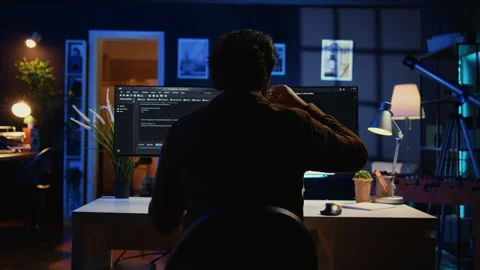 Software engineer writes complex binary code scripts on computer Stock Footage 265619944