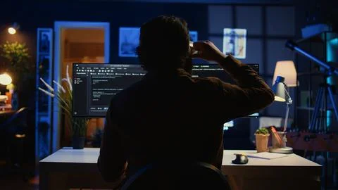 Software engineer writes complex binary code scripts on computer 写真素材