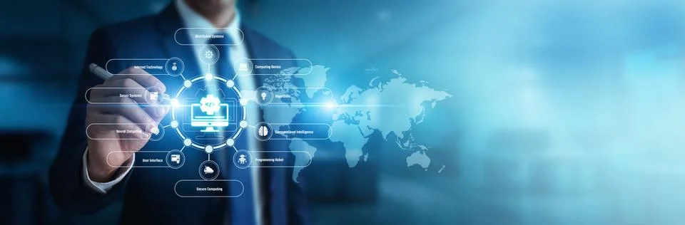 Software engineer writing intricate code variables pointing toward Computer.. Stock Photos
