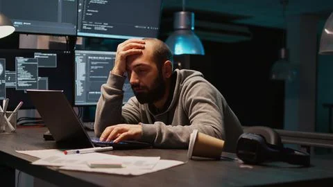 Software engineer yawning and falling asleep on desk Foto stock