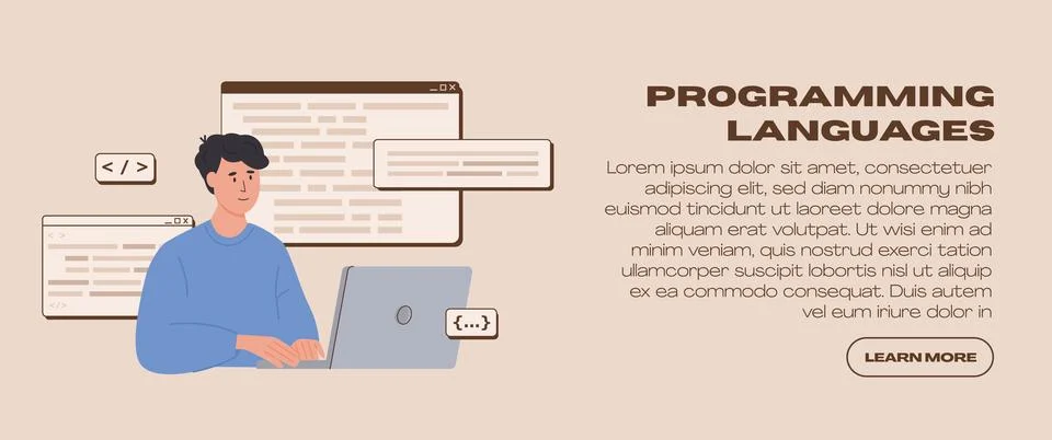 Software engineering and script coding web banner template. Programmer working o Stock Illustration