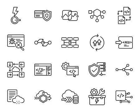 Software Engineering API Development Cloud Technology Line Icon Set Illustration