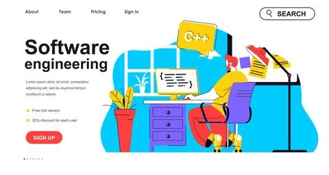 Software engineering concept for landing page template. Programmer creates .. Stock Illustration