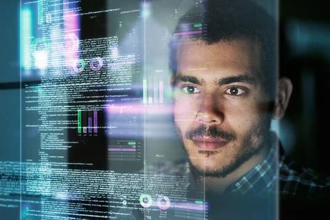 Software engineering. Cropped shot of a young computer programmer looking Stockfoto's